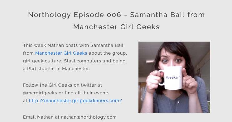 Screenshot of the podcast page with a photo of Sam holding a cup saying "geekgirl"