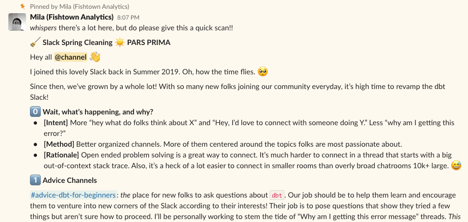 Screenshot of the dbt Slack channel stating some rules for what to post where.